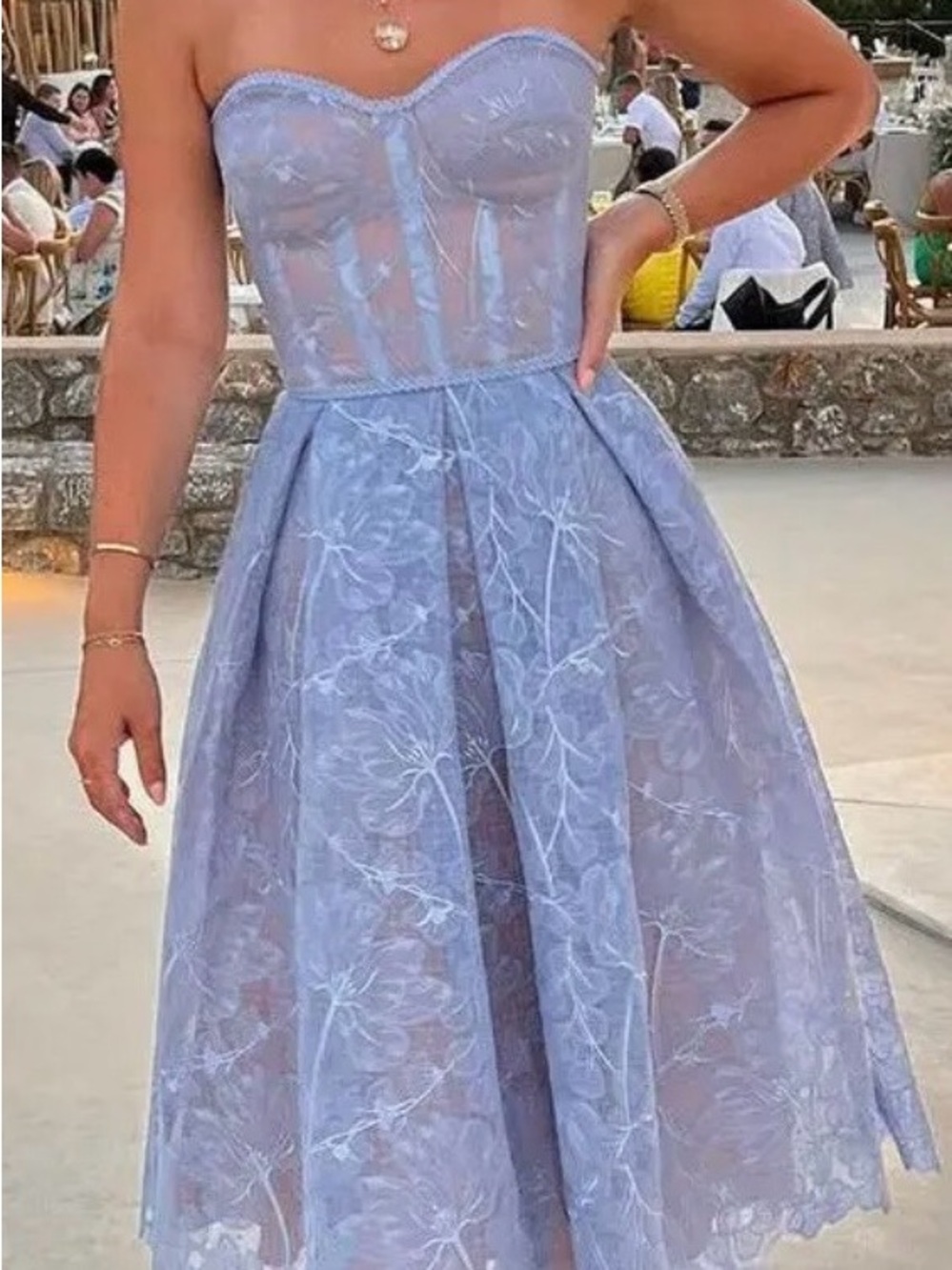 Strapless Lace Midi Dress in Light Blue